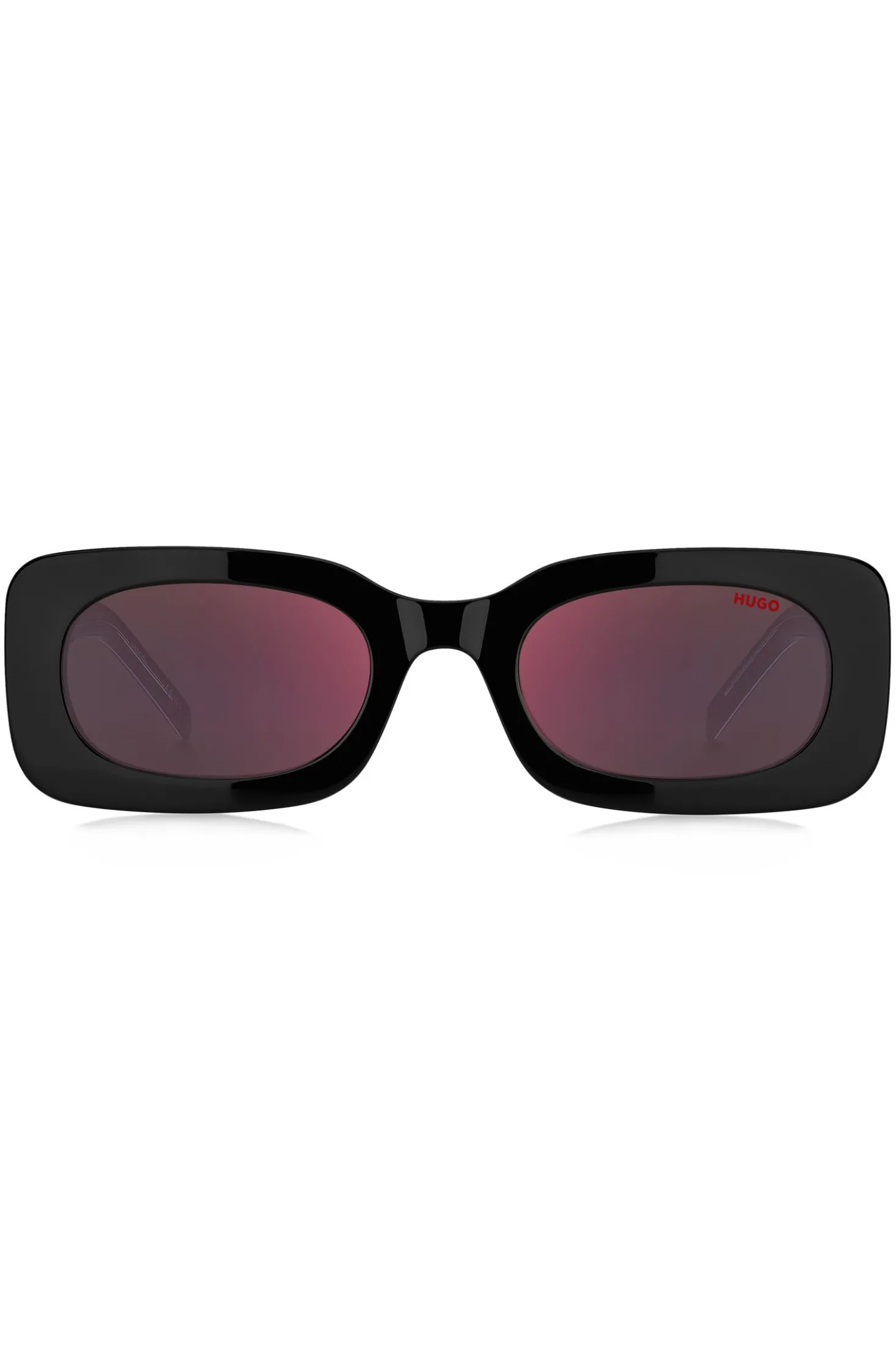 Red-and-black-acetate sunglasses with detachable slogan strap