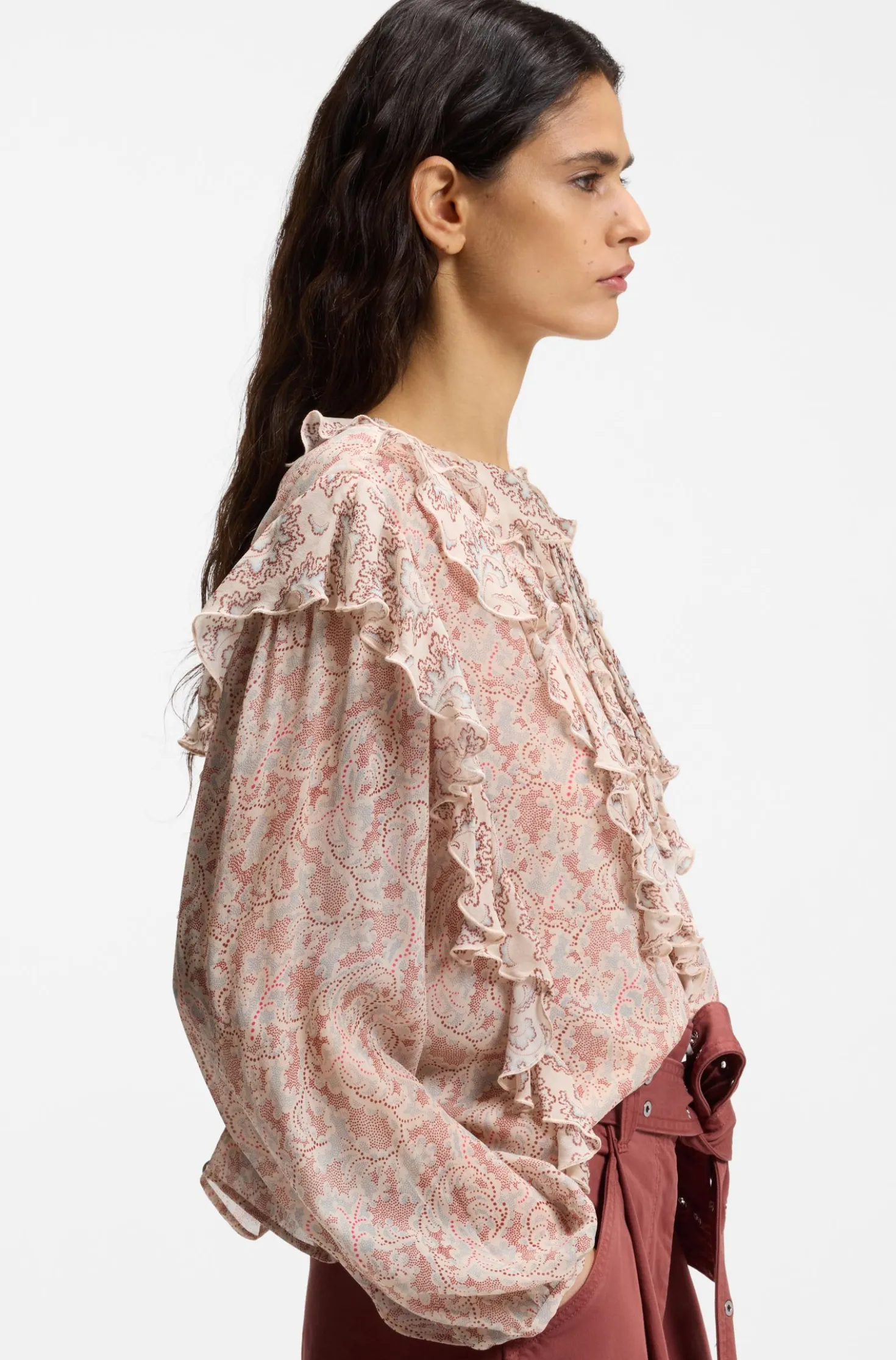 Regular-fit blouse in printed crepe Georgette with ruffles