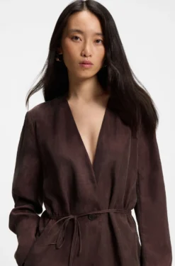 Regular-fit collarless jacket with drawstring waist