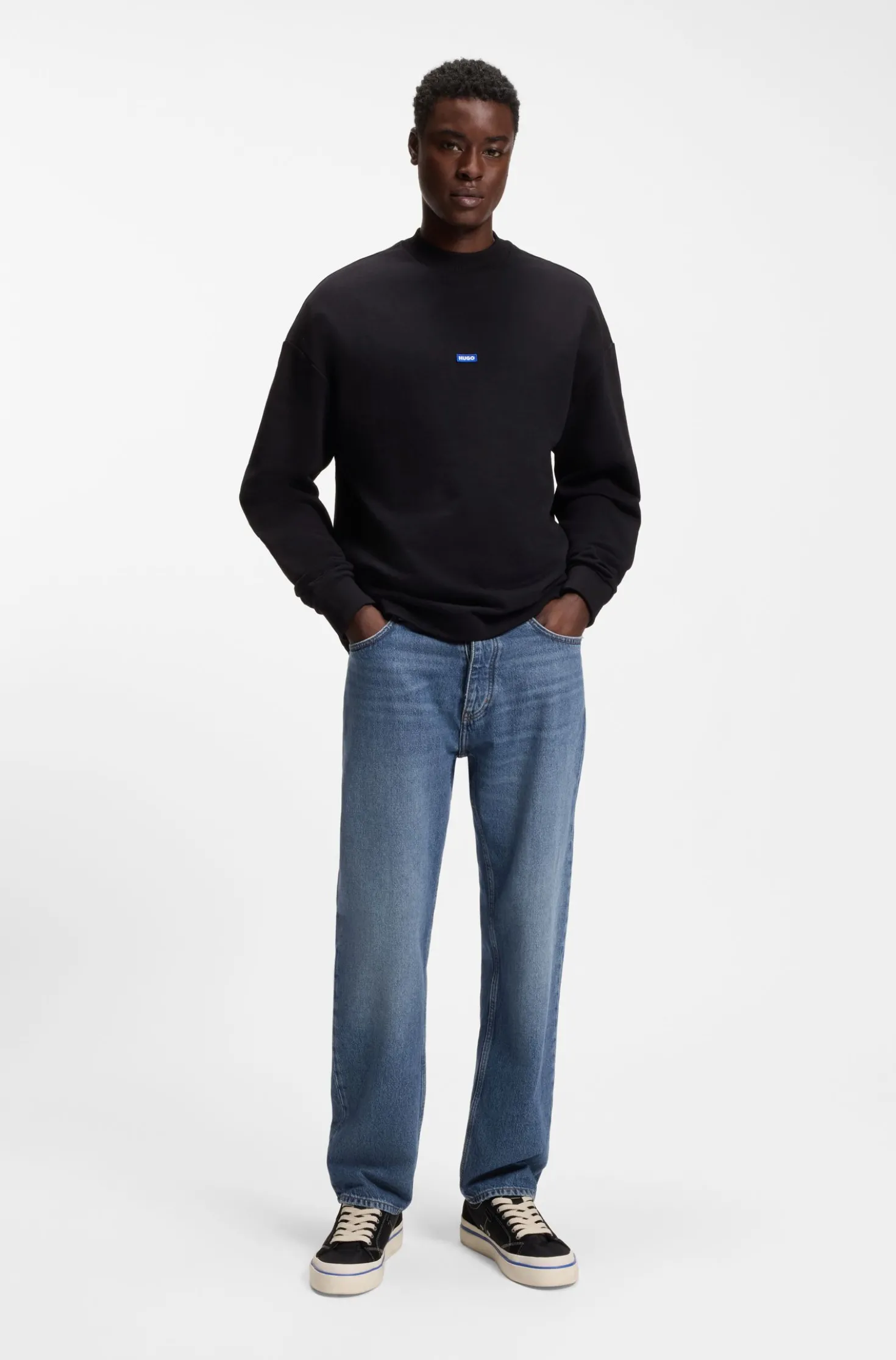 Regular-fit jeans in mid-blue stonewashed cotton denim
