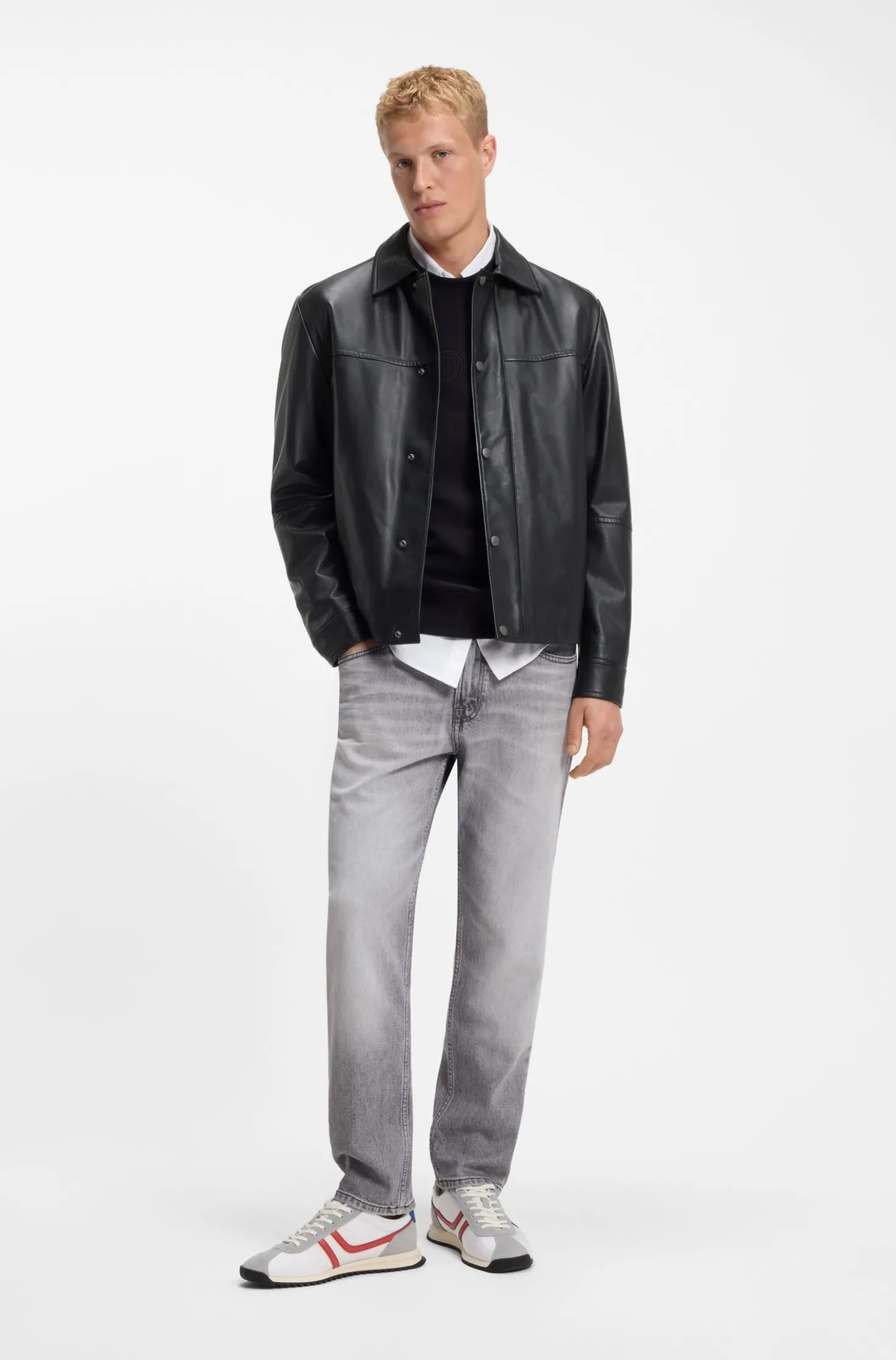 Regular-fit leather shirt with metal logo buttons