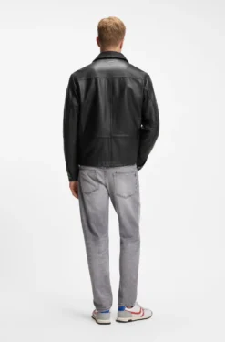 Regular-fit leather shirt with metal logo buttons
