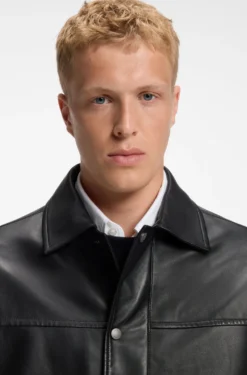 Regular-fit leather shirt with metal logo buttons