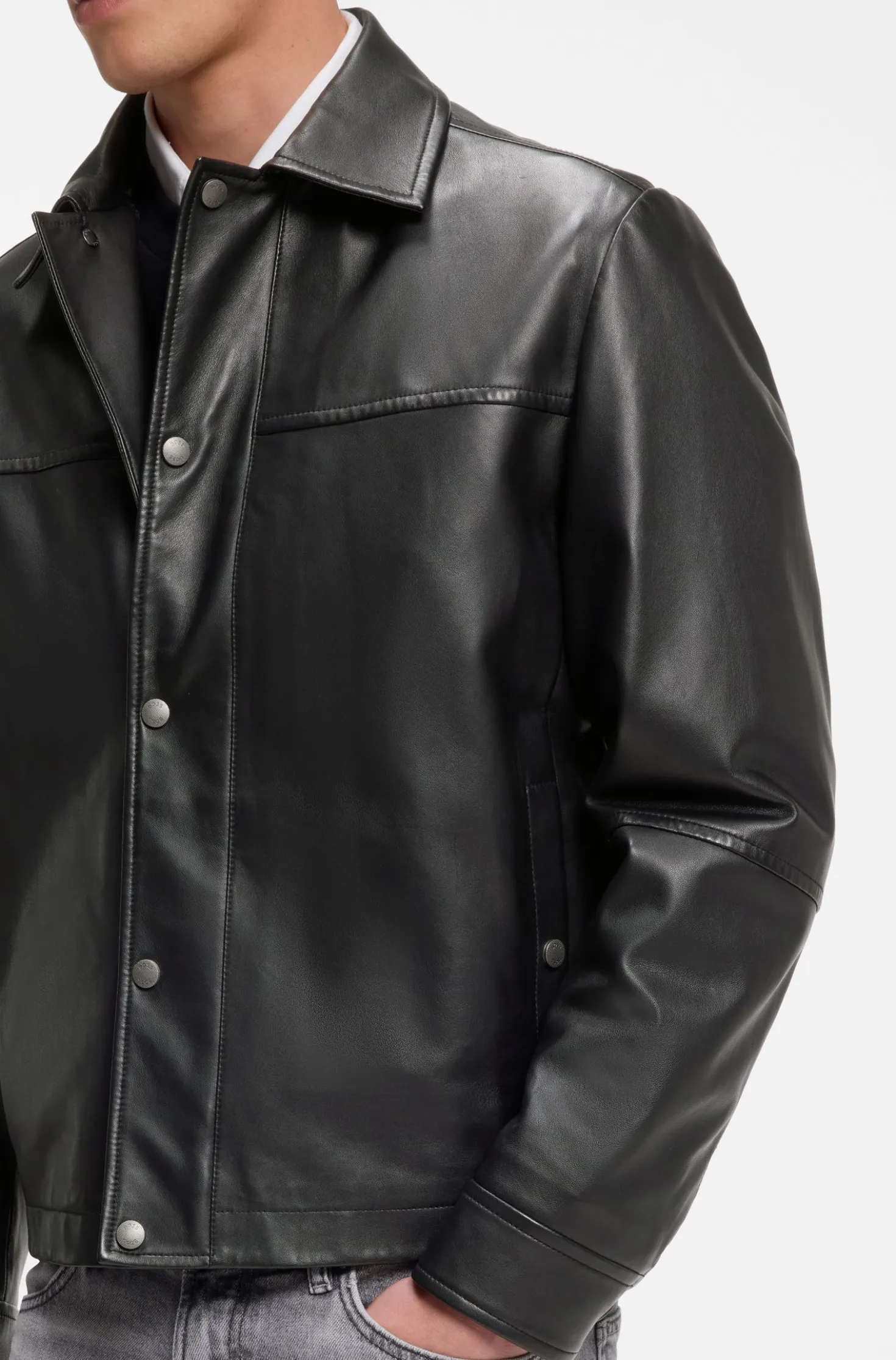 Regular-fit leather shirt with metal logo buttons