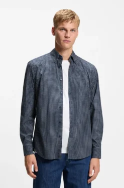 Regular-fit shirt in checked stretch-cotton dobby