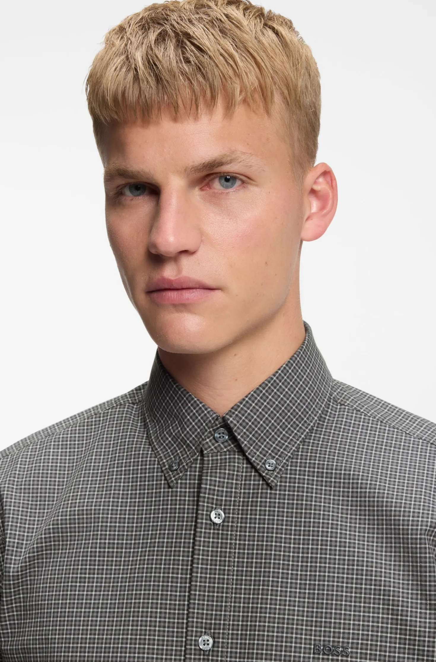 Regular-fit shirt in checked stretch-cotton dobby