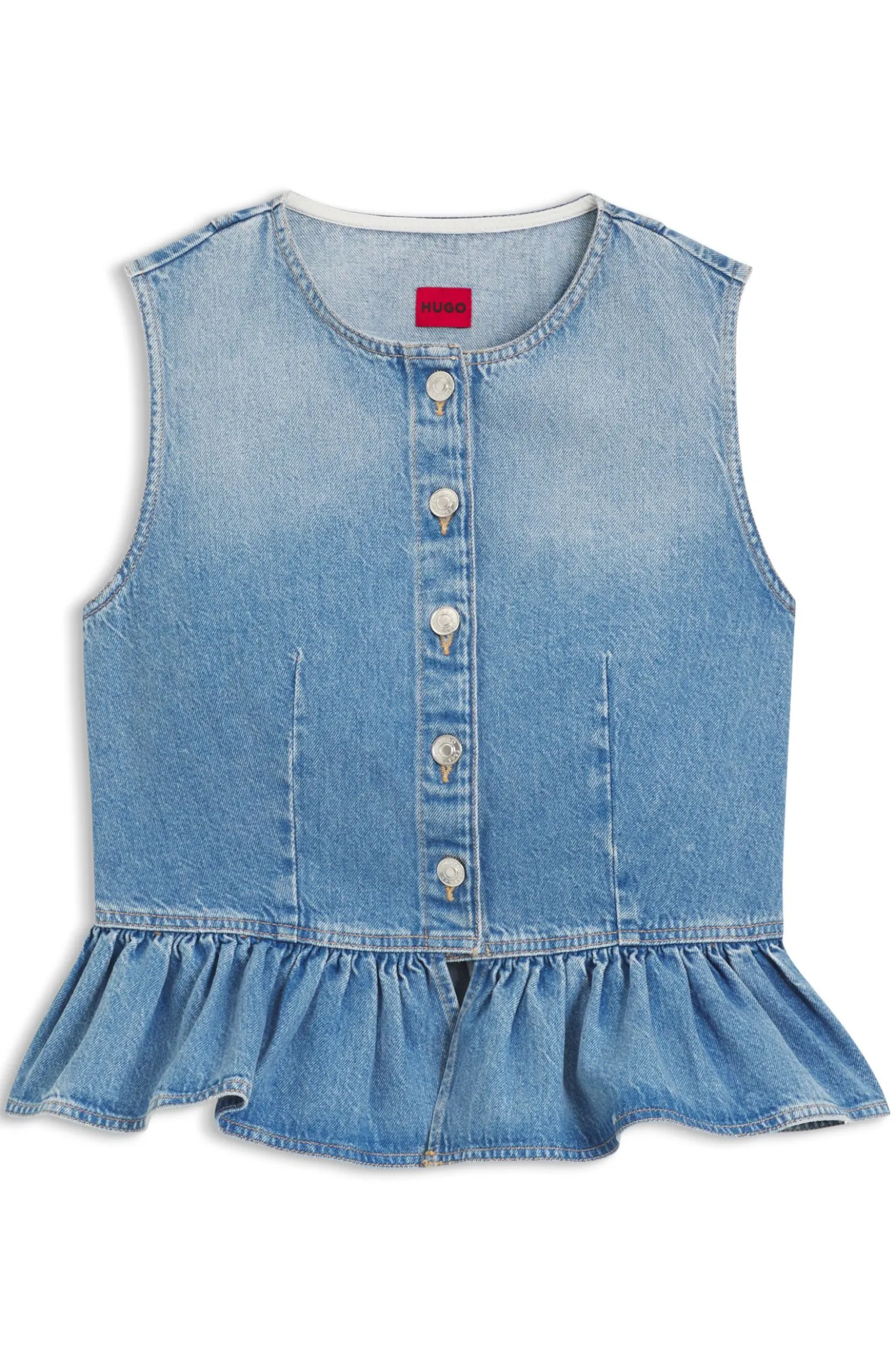 Regular-fit sleeveless blouse in denim with peplum hem