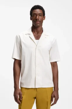 Relaxed-fit camp-collar shirt in stretch cotton poplin