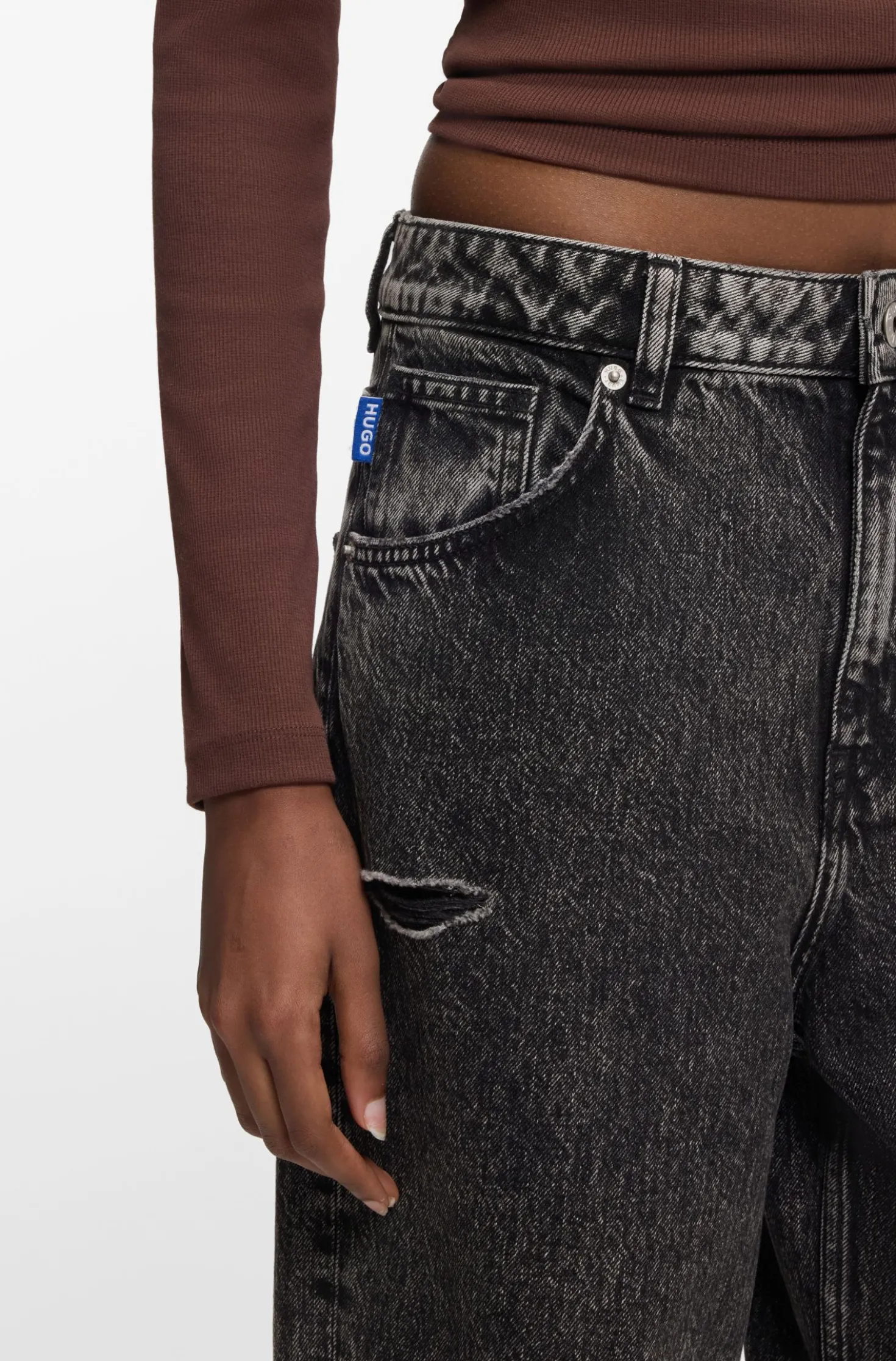 Relaxed-fit jeans in distressed black rigid denim