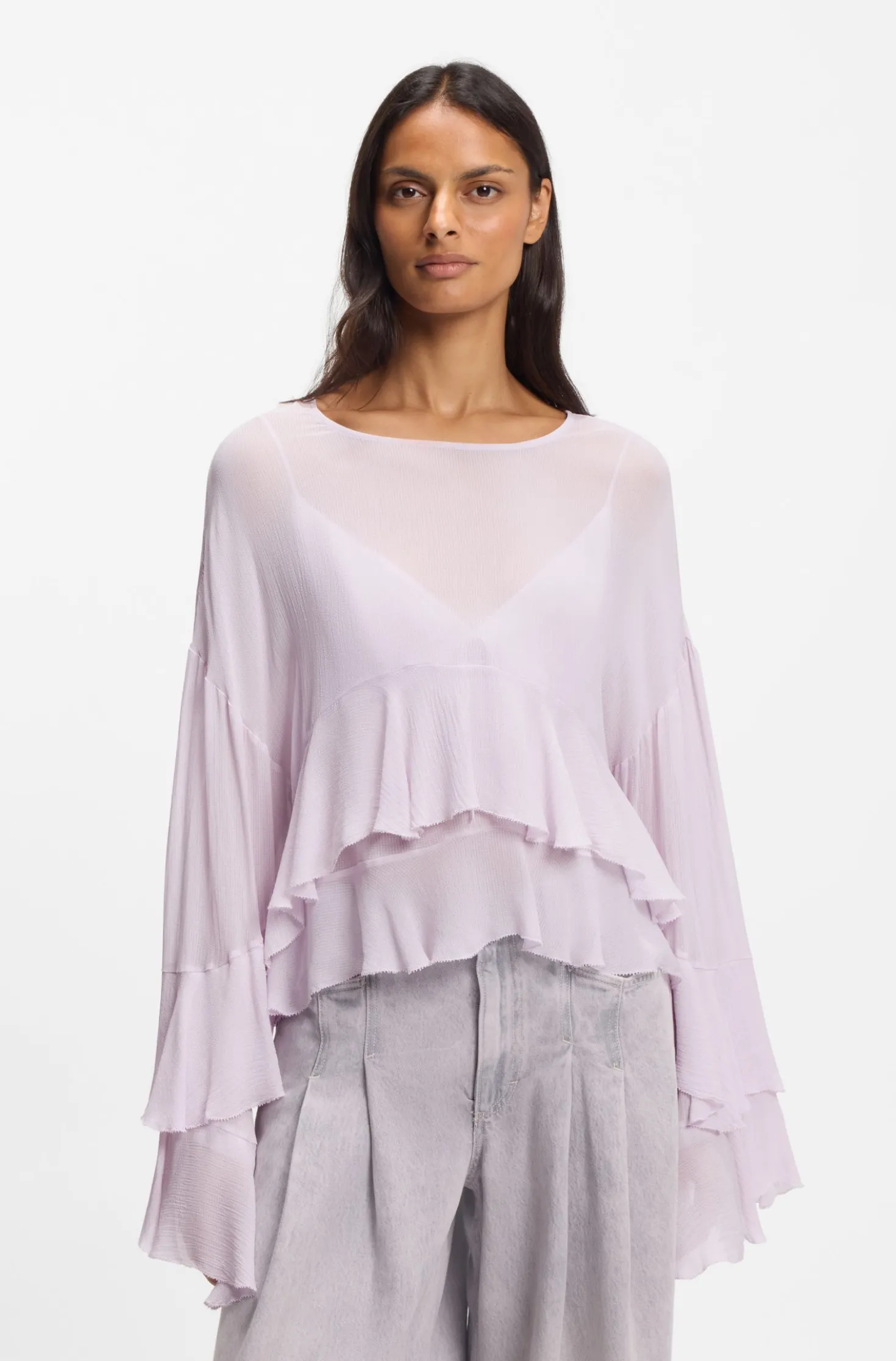 Relaxed-fit ruffled blouse in crepe Georgette seersucker