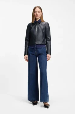 Relaxed slim-fit leather jacket with stand collar
