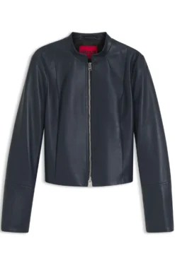 Relaxed slim-fit leather jacket with stand collar