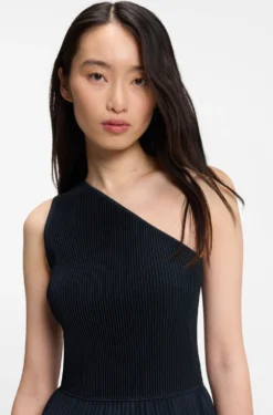 Rib-knit one-shoulder dress with plissé skirt
