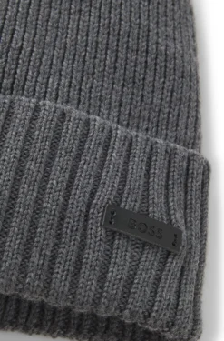 Rib-knit virgin-wool beanie with logo plaque