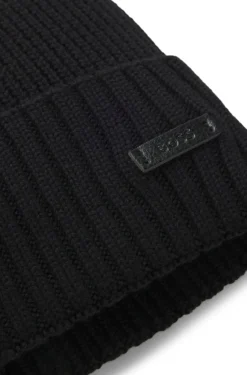 Rib-knit virgin-wool beanie with logo plaque