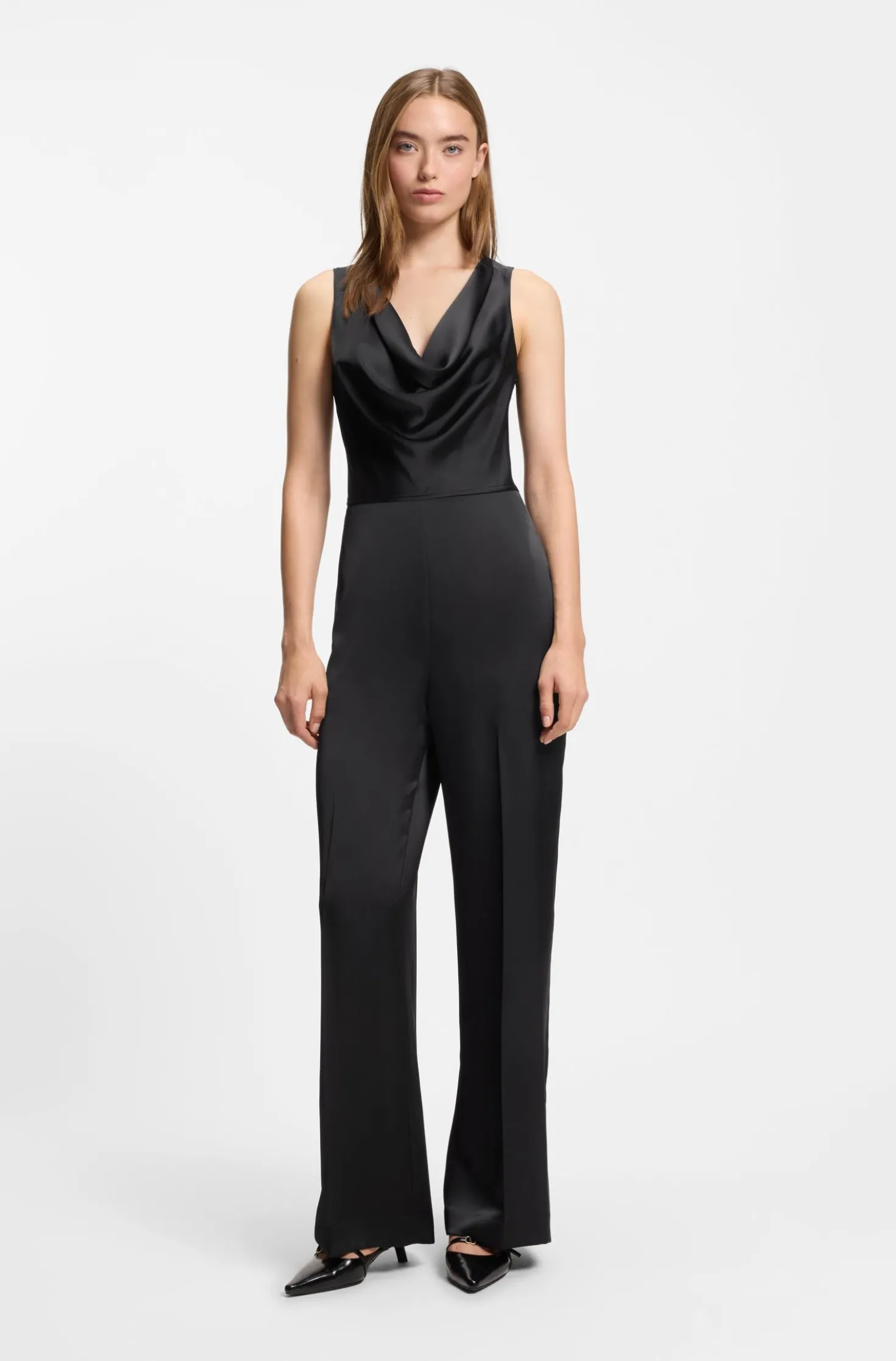 Satin jumpsuit with waterfall neckline