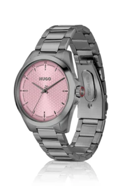 Seam grey-plated watch with pink textured dial