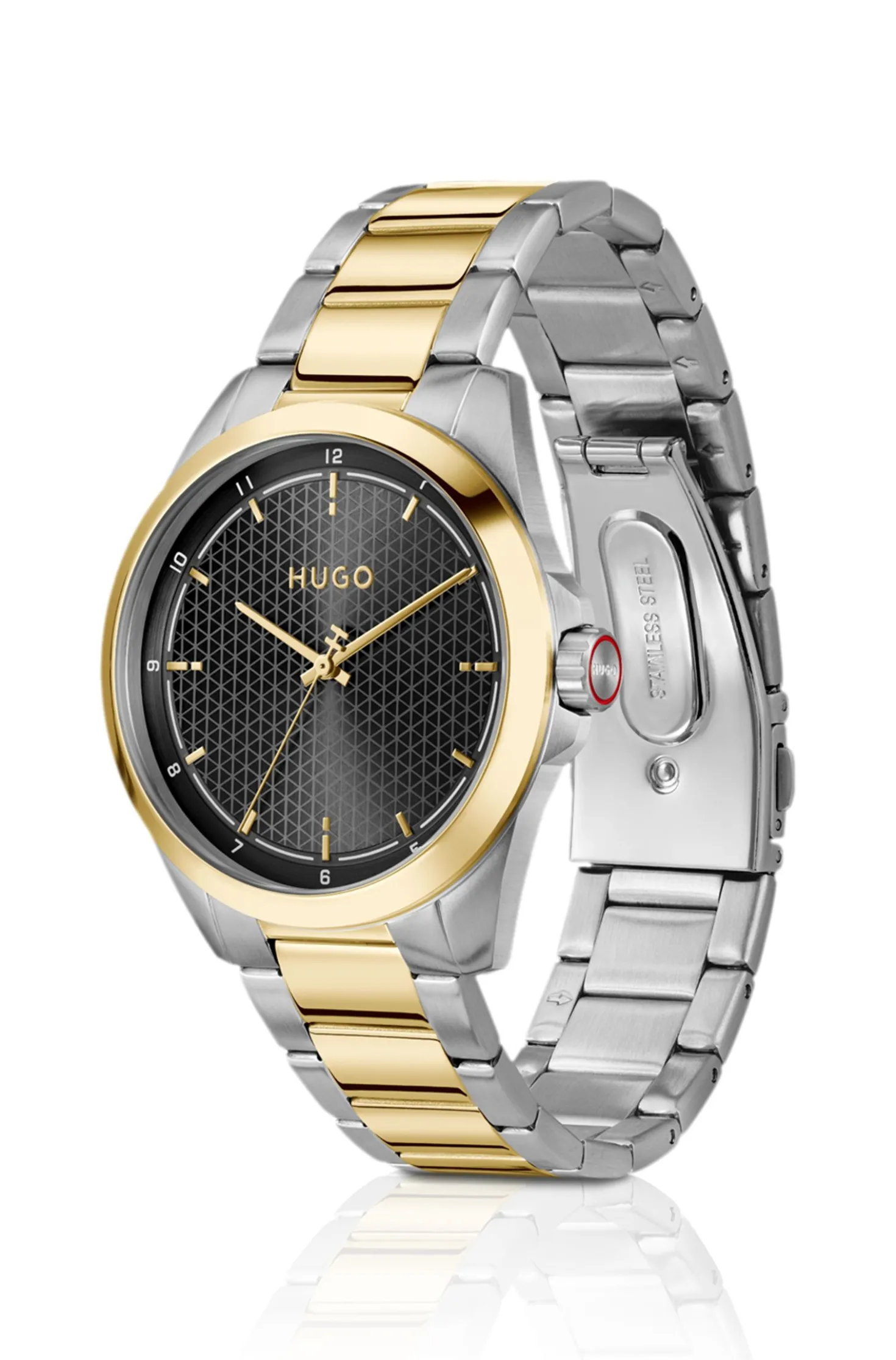 Seam two-tone watch with black textured dial
