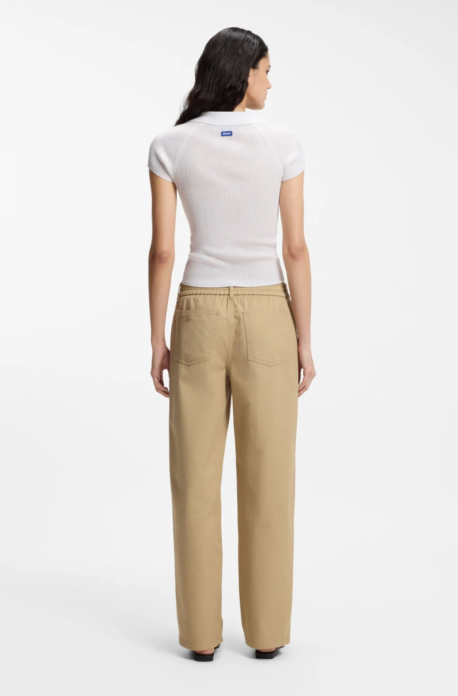 Short-sleeved sweater in stretch fabric with polo collar