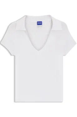 Short-sleeved sweater in stretch fabric with polo collar