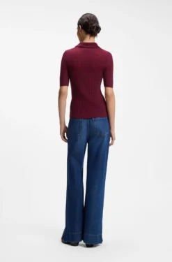 Short-sleeved wool-blend sweater with polo collar