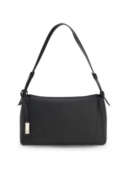Shoulder bag in grained leather with logo plate