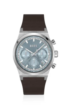 Silver-tone chronograph watch with brown leather strap