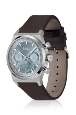 Silver-tone chronograph watch with brown leather strap