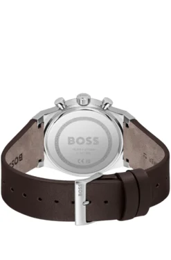 Silver-tone chronograph watch with brown leather strap
