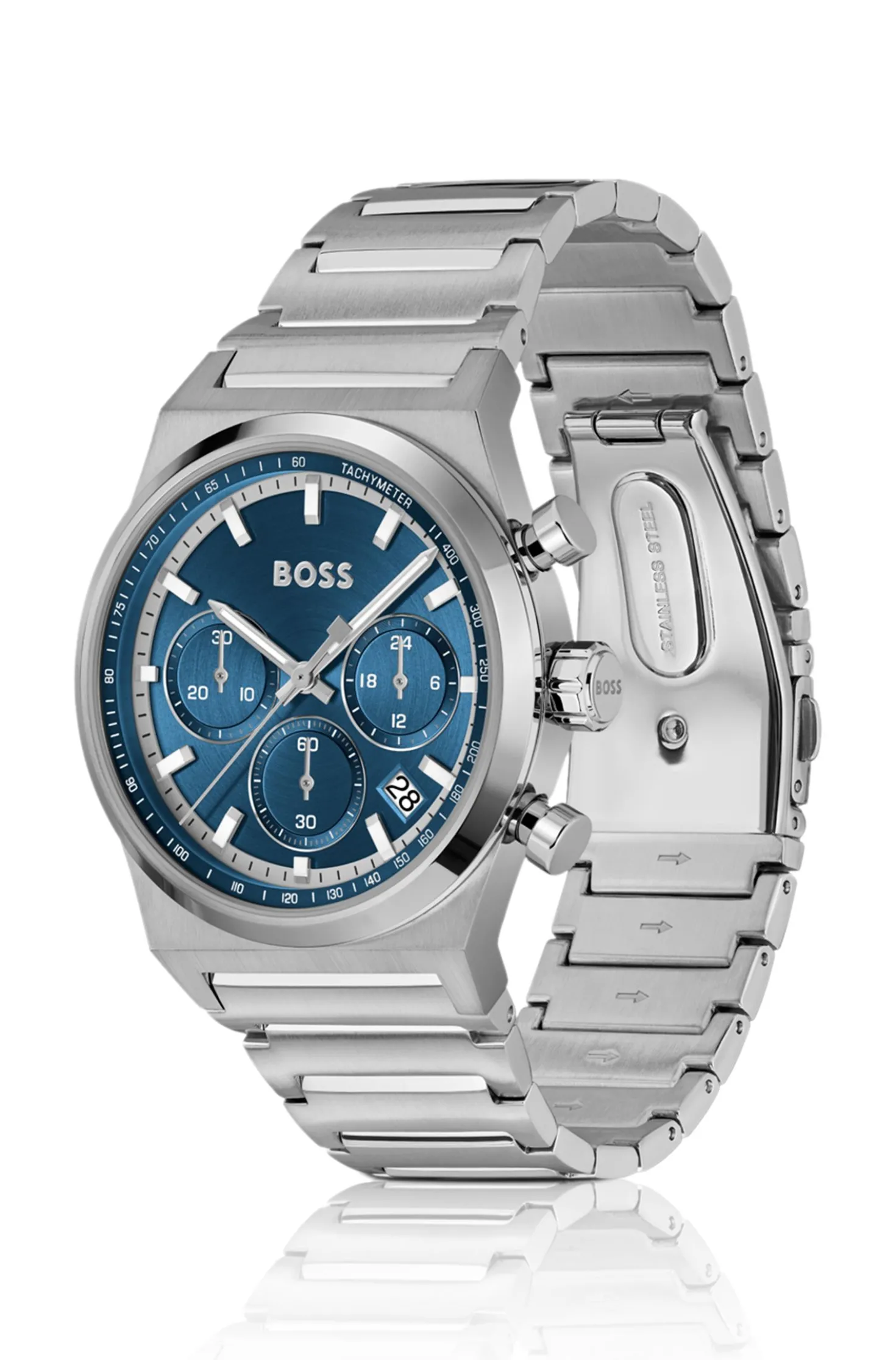 Silver-tone chronograph watch with blue dial
