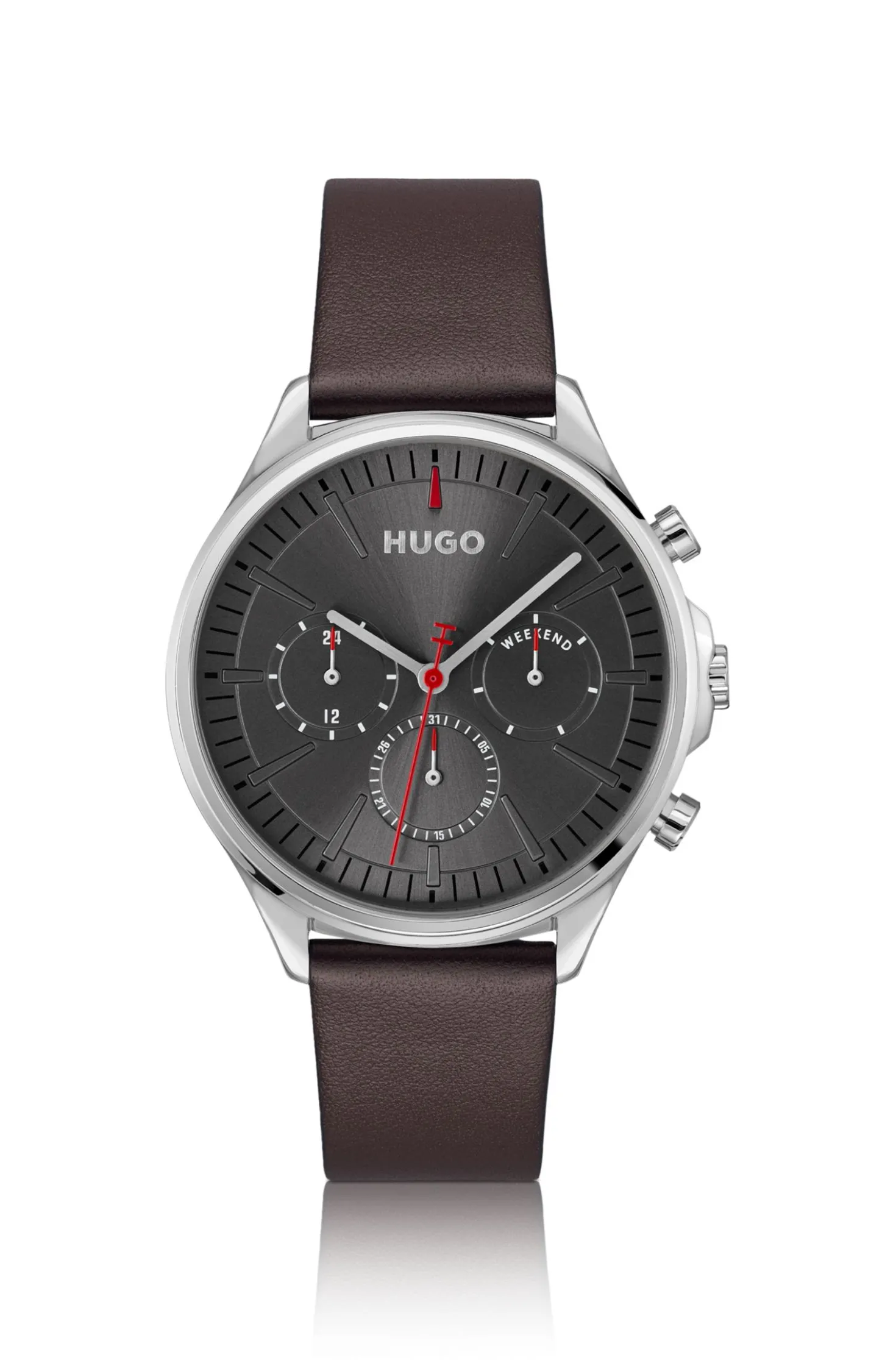 Silver-tone watch with brown leather strap