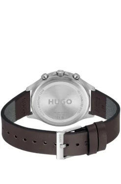 Silver-tone watch with brown leather strap