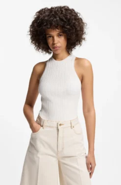 Sleeveless racer-back top in ribbed crepe fabric