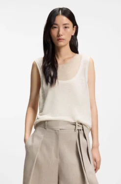 Sleeveless top in linen and cotton with layered design