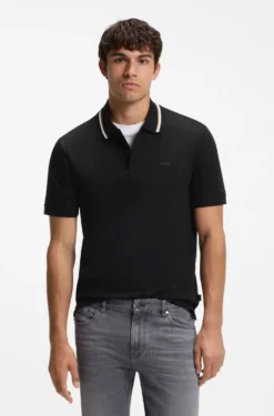 Slim-fit polo shirt in cotton with striped collar