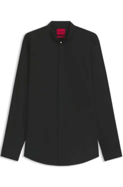 Slim-fit shirt in stretch cotton with stand collar
