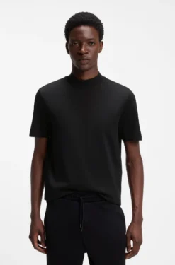Slim-fit T-shirt in stretch cotton with stand collar