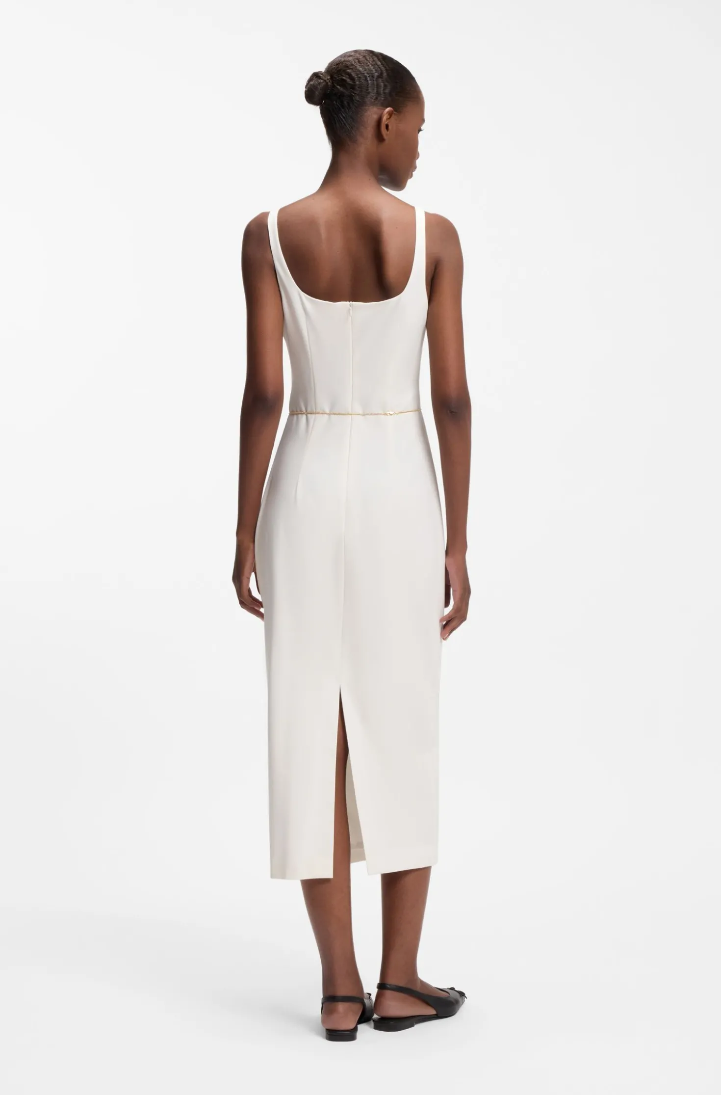 Square-neck dress with golden chain belt