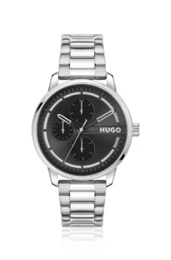 Stainless-steel link-bracelet watch with black dial