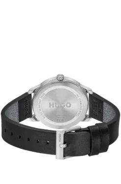 Stainless-steel watch with black leather strap