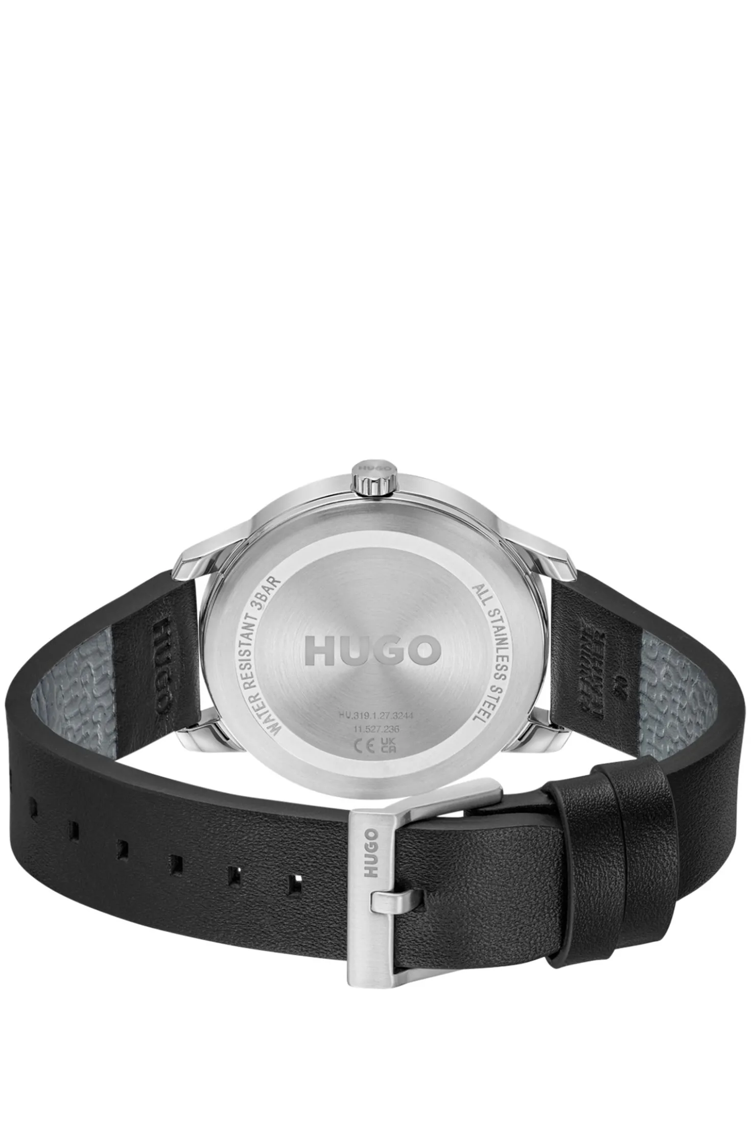 Stainless-steel watch with black leather strap