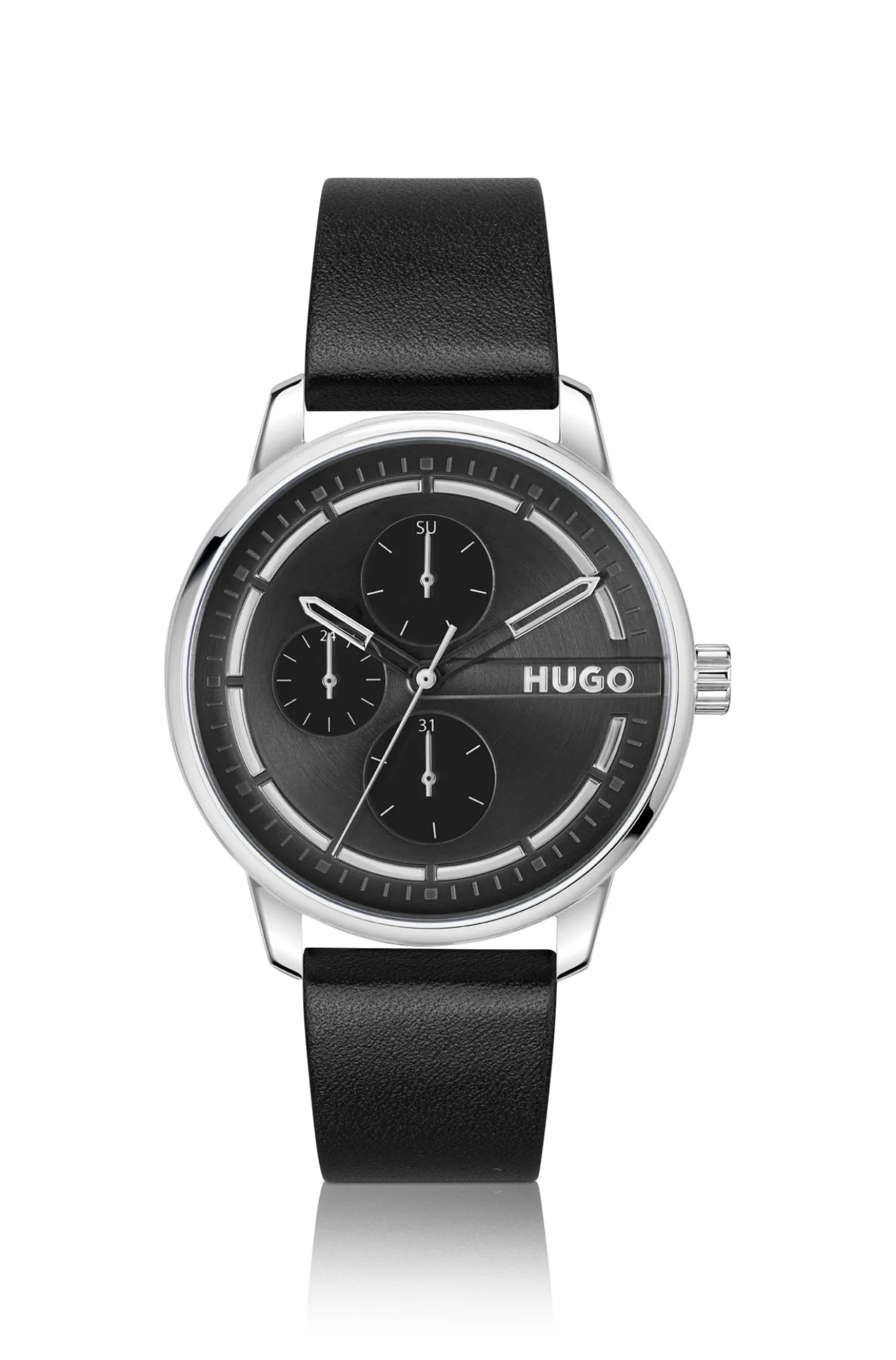 Stainless-steel watch with black dial and leather strap