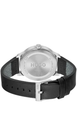 Stainless-steel watch with black dial and leather strap