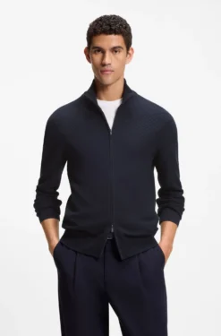Stand-collar cotton cardigan with zip closure