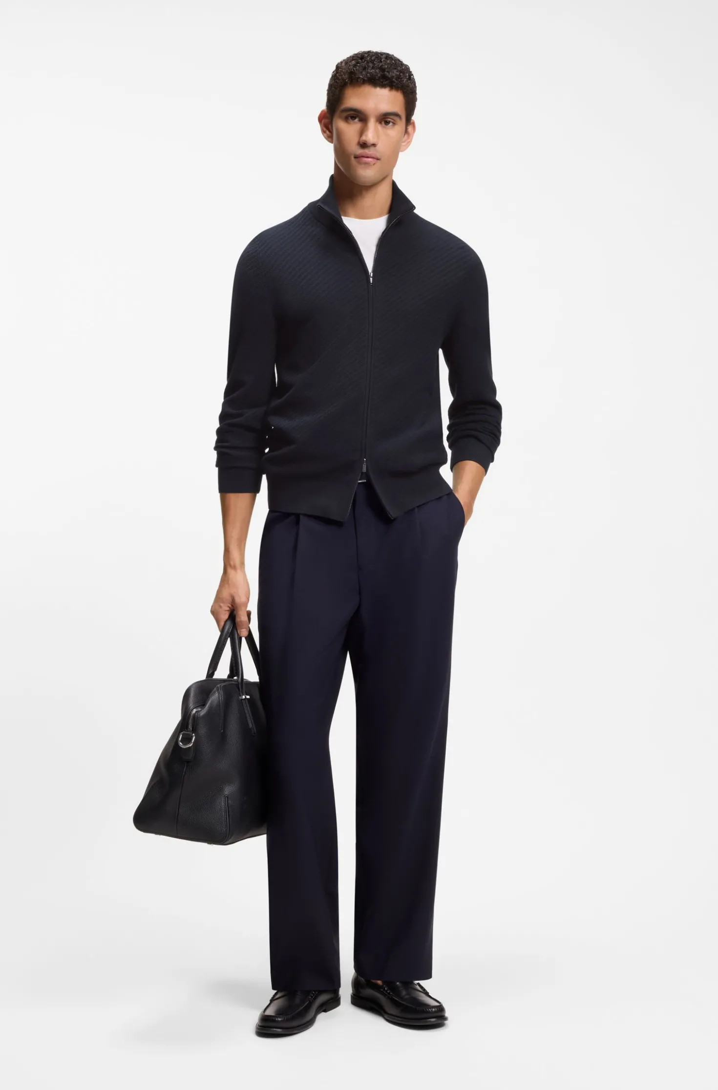 Stand-collar cotton cardigan with zip closure