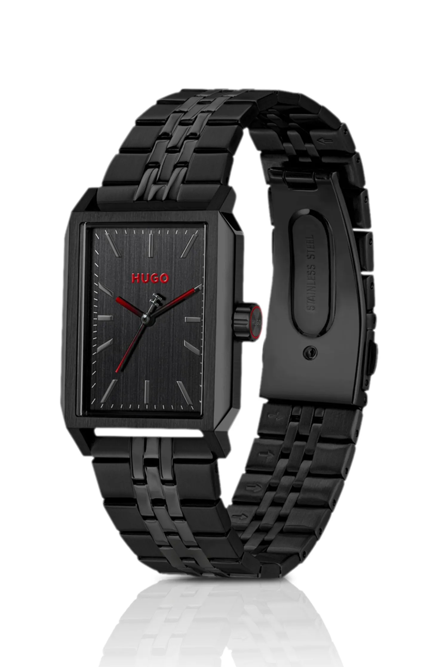 #Steeze rectangular black-plated watch with black dial