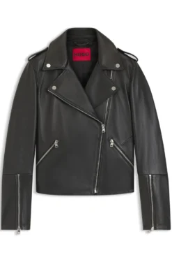 Straight-fit biker jacket in leather with zipped details