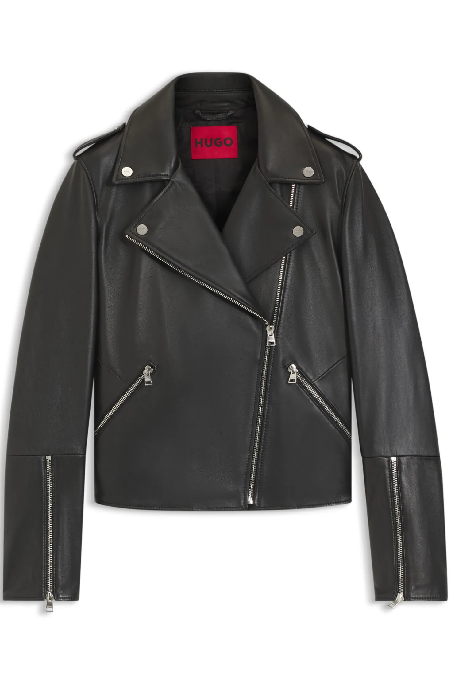 Straight-fit biker jacket in leather with zipped details