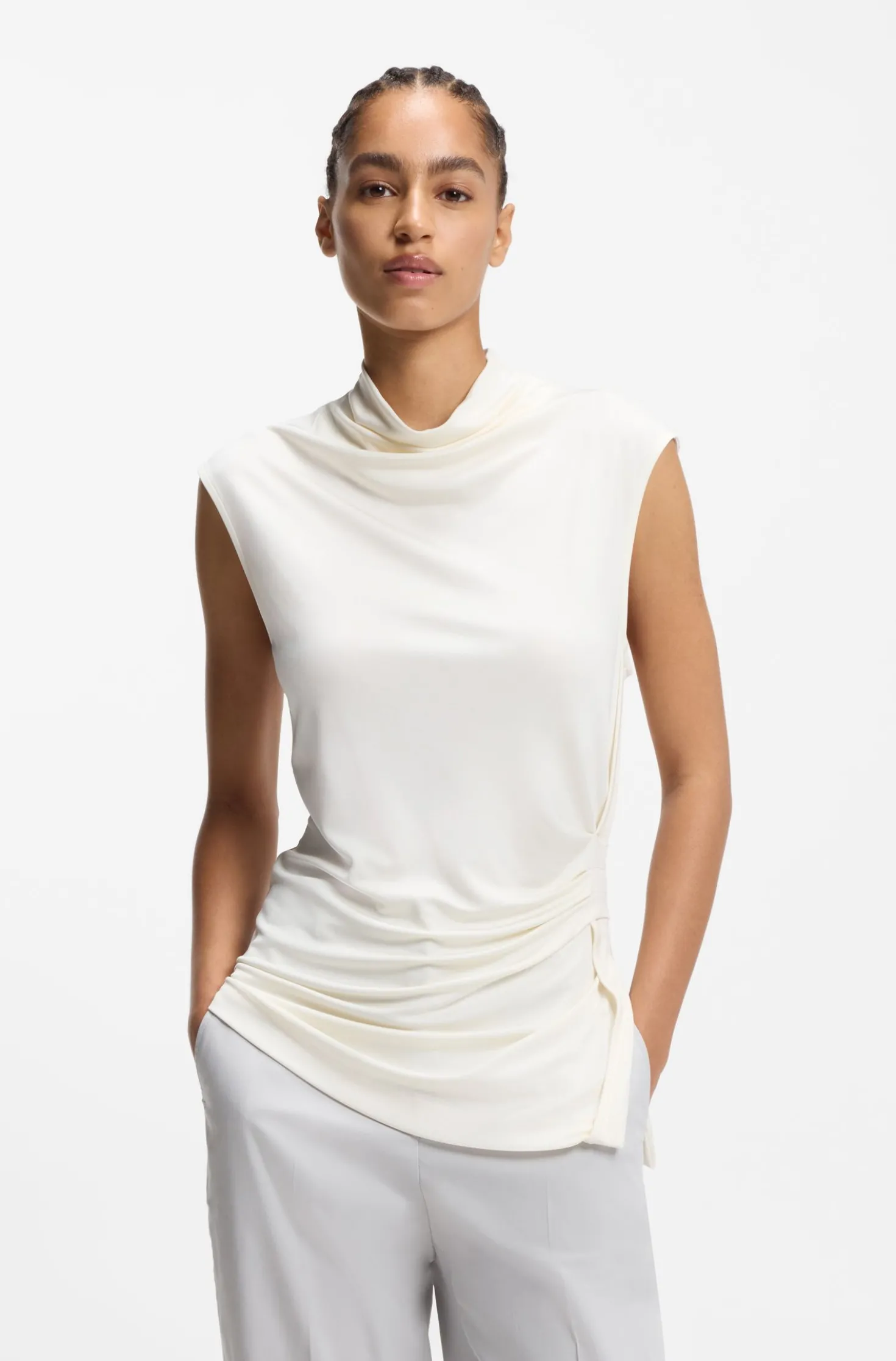 Stretch-jersey top with draped collar