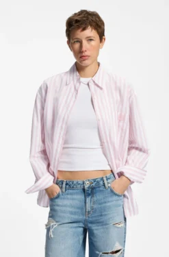 Striped-cotton oversized-fit blouse with Happy HUGO logo